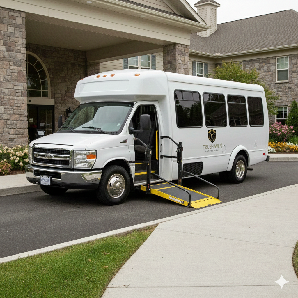 Exterior shot of a clean, modern, handicap-accessible van used for resident transport.