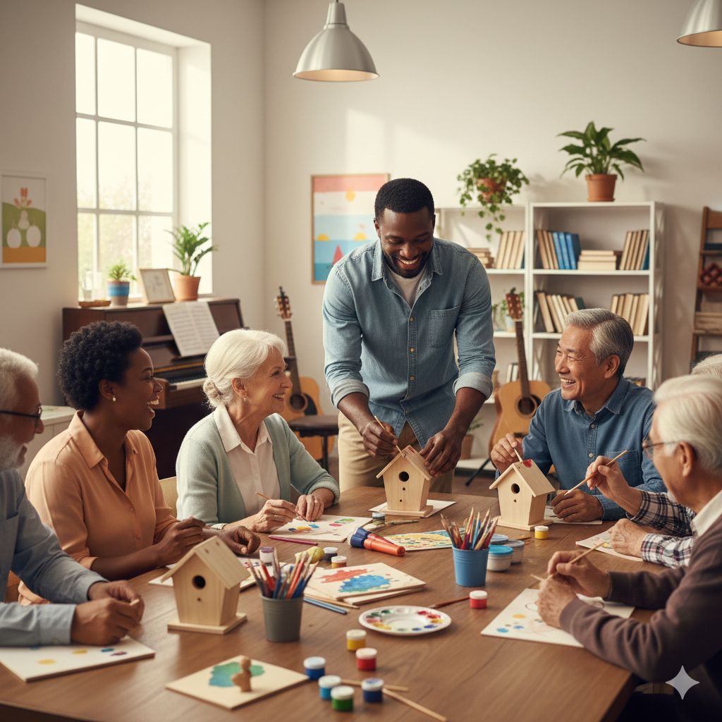 An African American staff member leading a group of diverse seniors in a stimulating craft or music therapy session.
