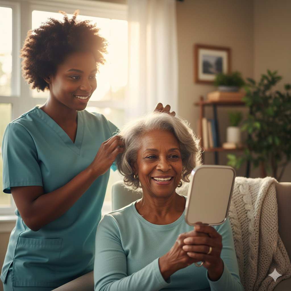 A smiling resident and caregiver discussing inclusive pricing.