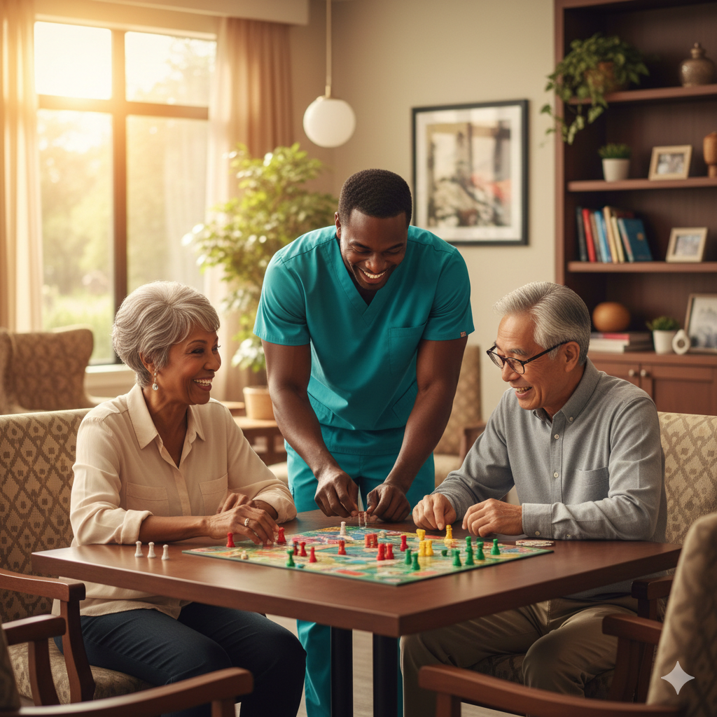 A dedicated staff member providing one-on-one attention to a resident.