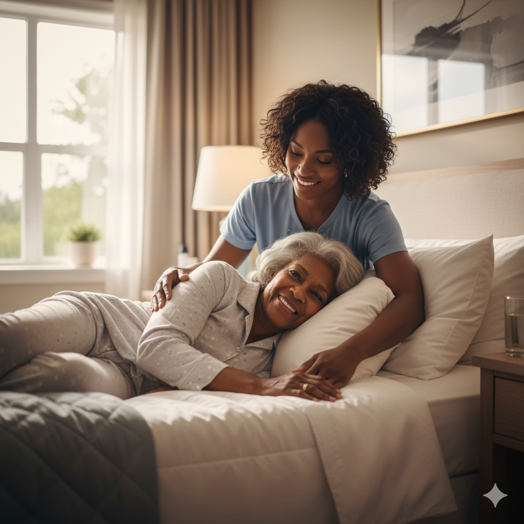 A family member speaking comfortably with a Trueheaven staff member.