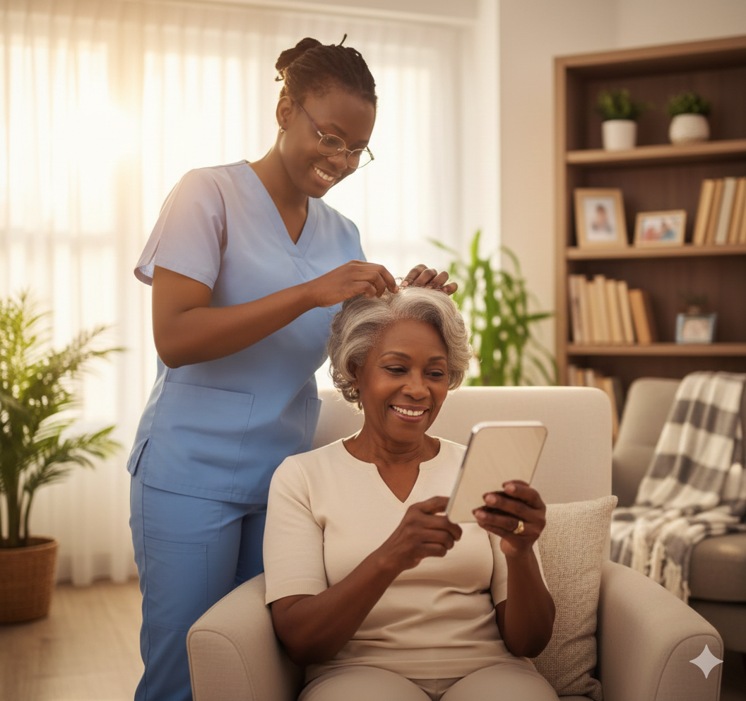 A nurse administering medication to a resident.